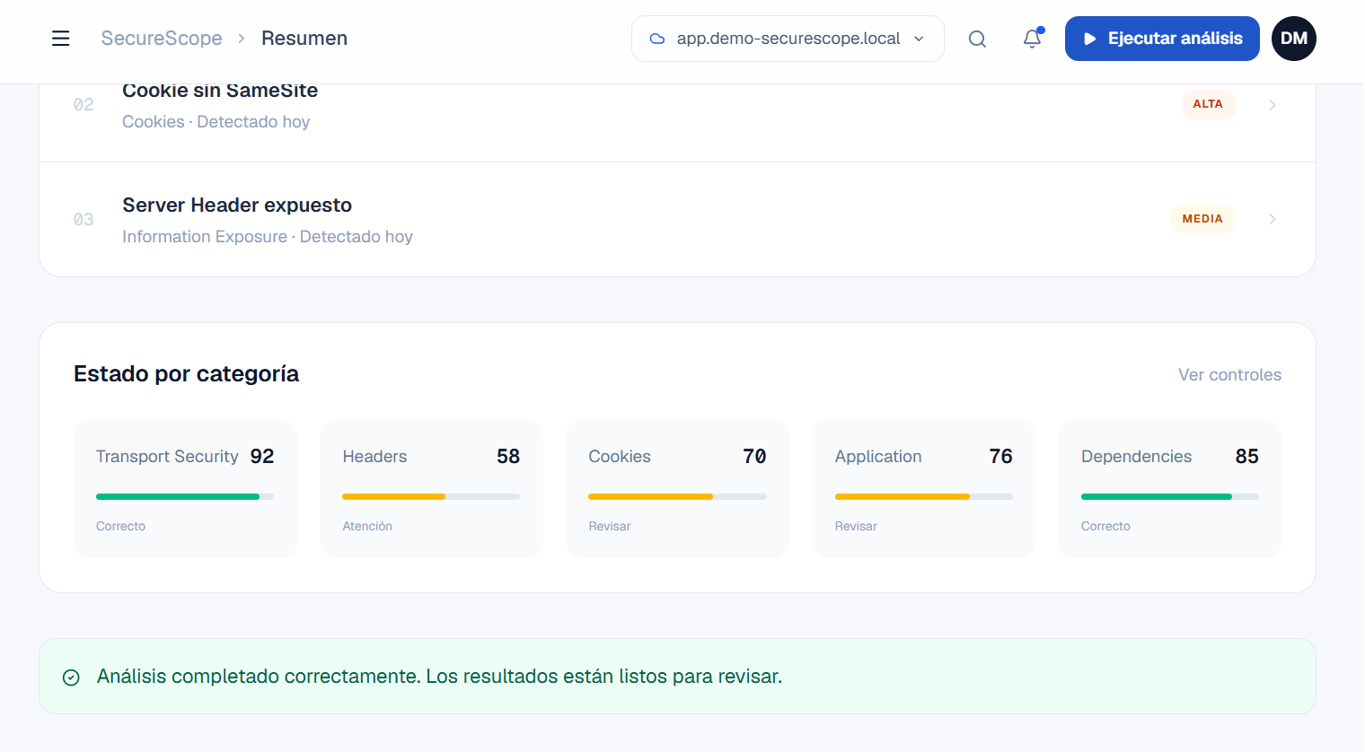 Dashboard de SecureScope para análisis y gestión de seguridad web